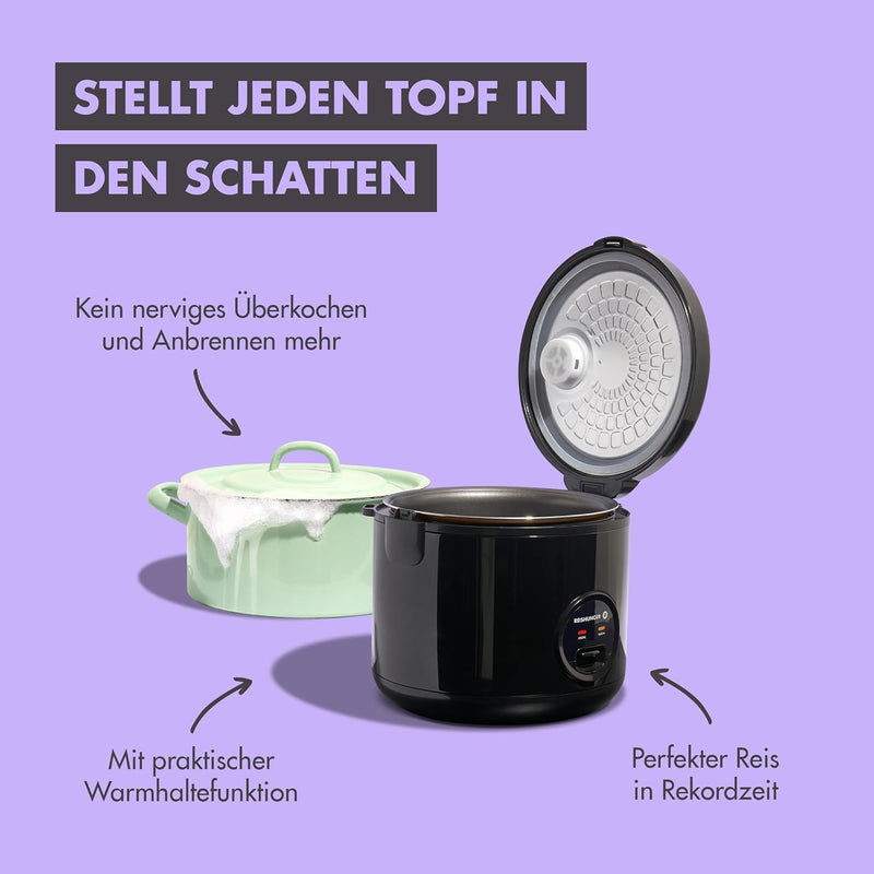 Reishunger Reiskocher & Dampfgarer mit Keramikbeschichtung, Schwarz - Für 1-6 Personen - Schnelle Zu