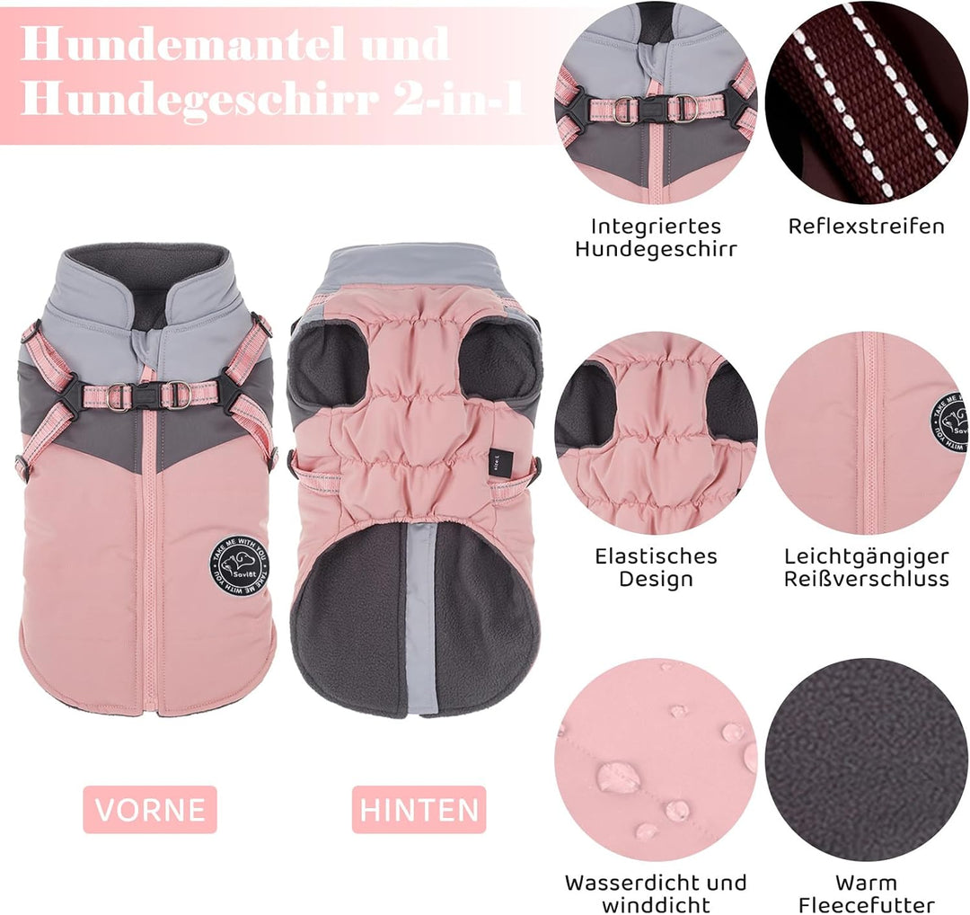 Hundejacken für den Winter Winddicht Wasserdicht 2 in 1 Outfit Kaltwettermantel Hundewestengeschirr