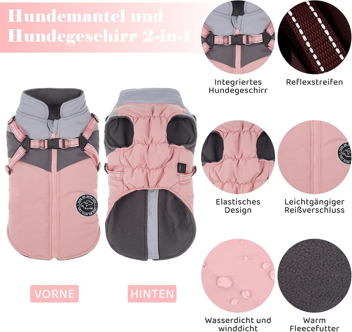 Hundejacken für den Winter Winddicht Wasserdicht 2 in 1 Outfit Kaltwettermantel Hundewestengeschirr