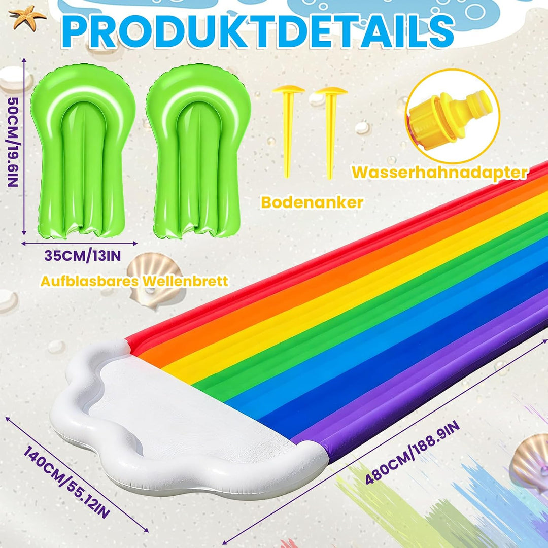 Morofme Regenbogen Wasserrutsche Garten für Kinder, 480x140cm Doppelte Wasser Rutschbahn mit Bodyboa