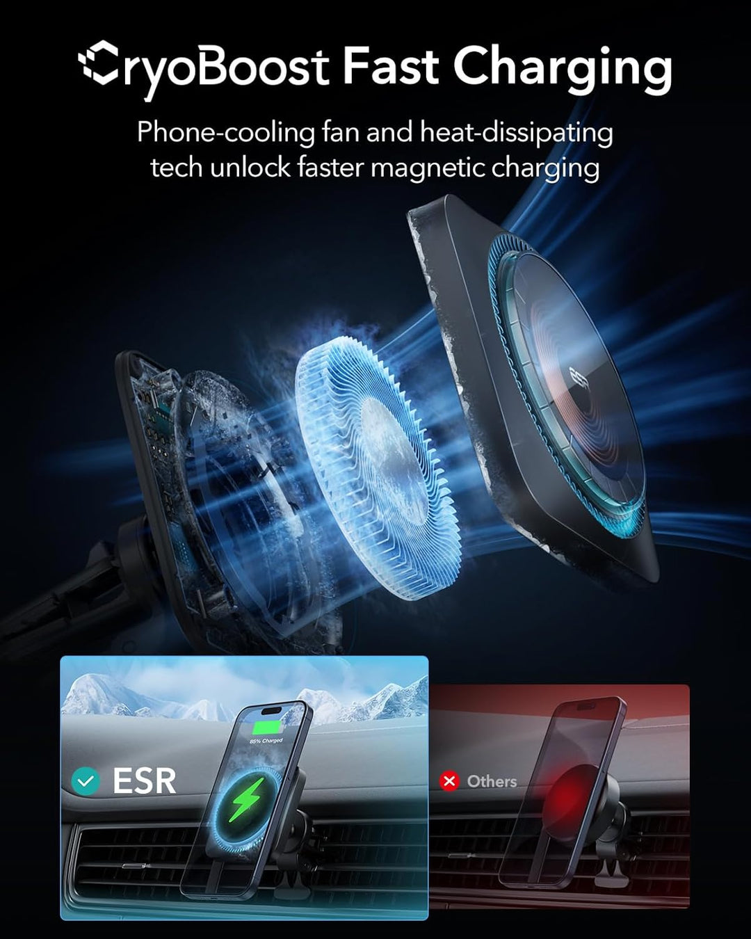 ESR HaloLock Kabelloses Auto Ladegerät mit CryoBoost, kompatibel mit MagSafe Autohalterung und iPhon