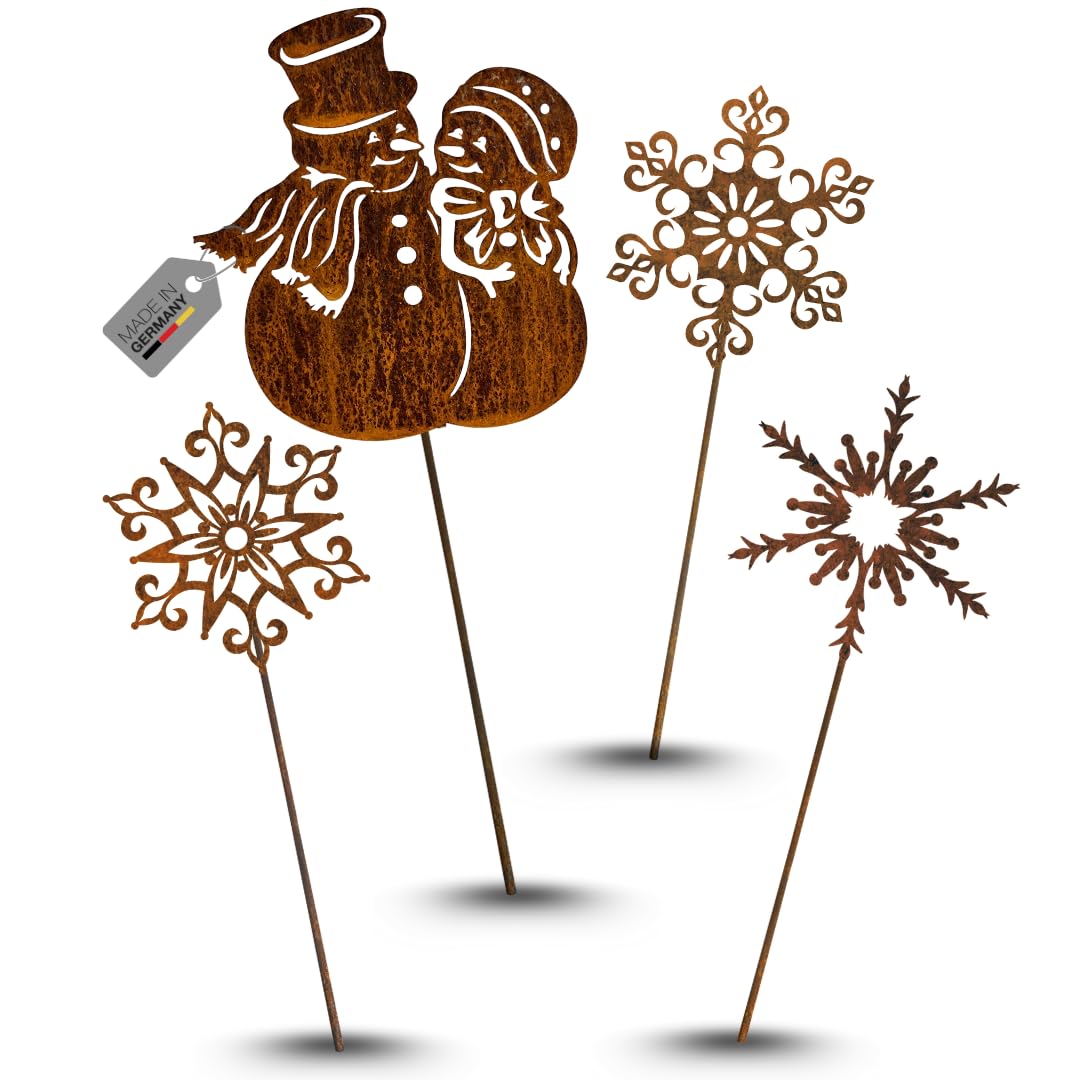 Terma Stahldesign Gartenstecker Rost 4er Set Schneemann mit Sterne/Eiskristall Made in Germany Outdo