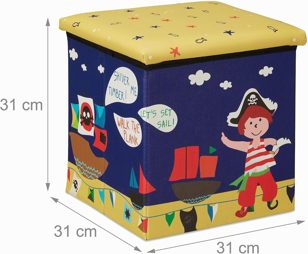 Relaxdays Sitzhocker Kinder, Piraten-Design, Sitzbox faltbar, mit Stauraum, Sitzwürfel, HxBxT 31 x 3
