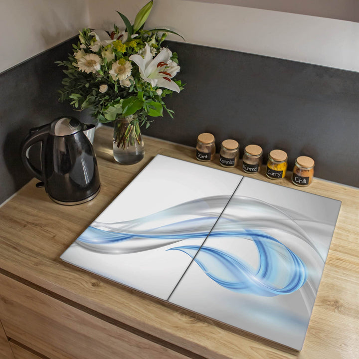 banjado® Herdabdeckplatte Glas - Herdabdeckplatte zweiteilig 2*30x52cm mit Motiv Blauer Schleier - H