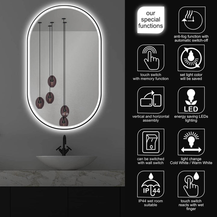 Apjeoy LED Badspiegel Oval 45 x 75 cm Wandspiegel Antibeschlage matt schwarz Metallrahmen Beleuchtun