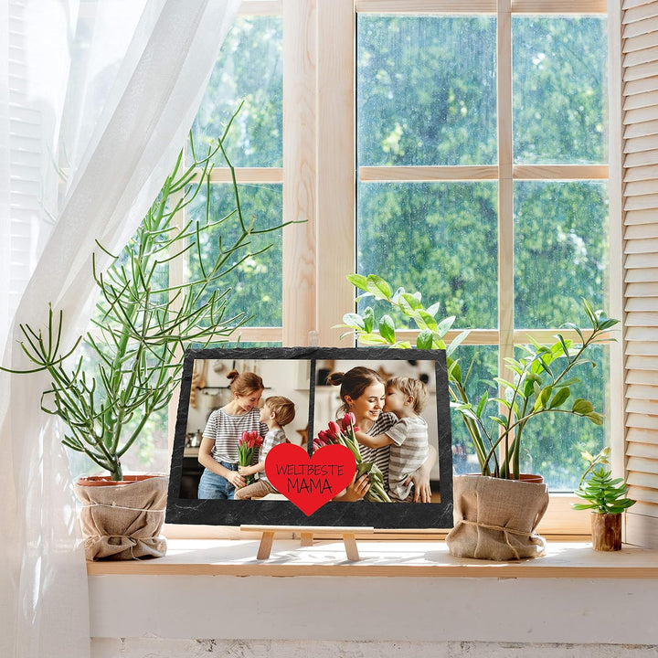 wandmotiv24 Schiefertafel Beste Mama, Personalisiert mit Ihren Farbfotos, Aufstellschild 2 Bilder in