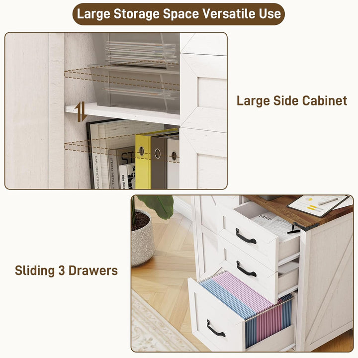 BonVache Aktenschrank mit 3 Schubladen &amp; Tür, Landhausstil Schubladenschrank aus Holz, Weisser Büros