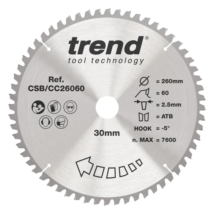 Trend CraftPro Negative Hook Crosscutting TCT Kreissägeblatt, 260mm Durchmesser x 60 Zähne x 30mm Bo