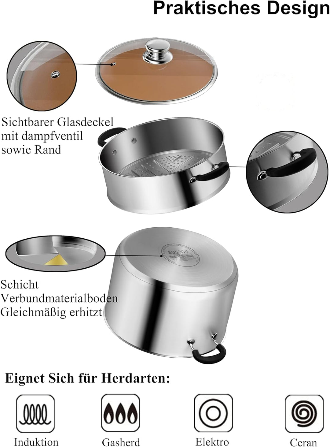 VENTION Kochtopf Dampfgarer Induktion, Couscoustopf 18 cm, 2 litres Induktion 18 Cm/2 L, Induktion 1