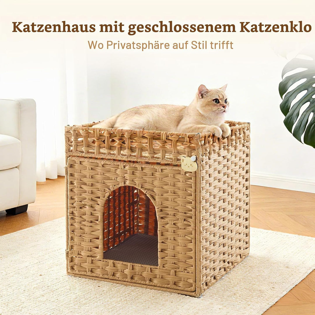 Geflochtenes Rattan-Katzentoiletten-Möbel mit Matte und Zaun, verstecktes Design, 47 x 50 x 48 cm, N