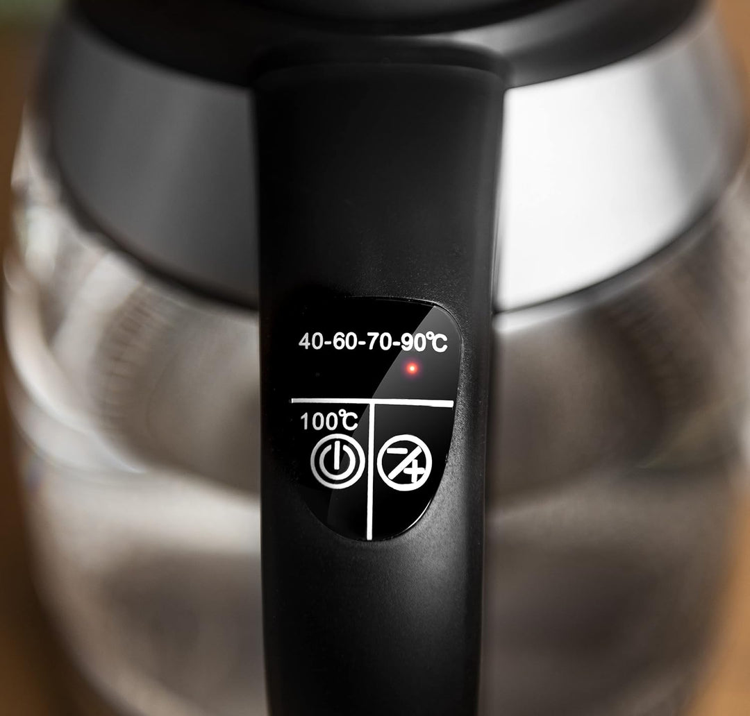 TZS First Austria Edelstahl Glaswasserkocher mit Teefilter 1,8L, 2200W, Temperatureinstellung 40 Gra