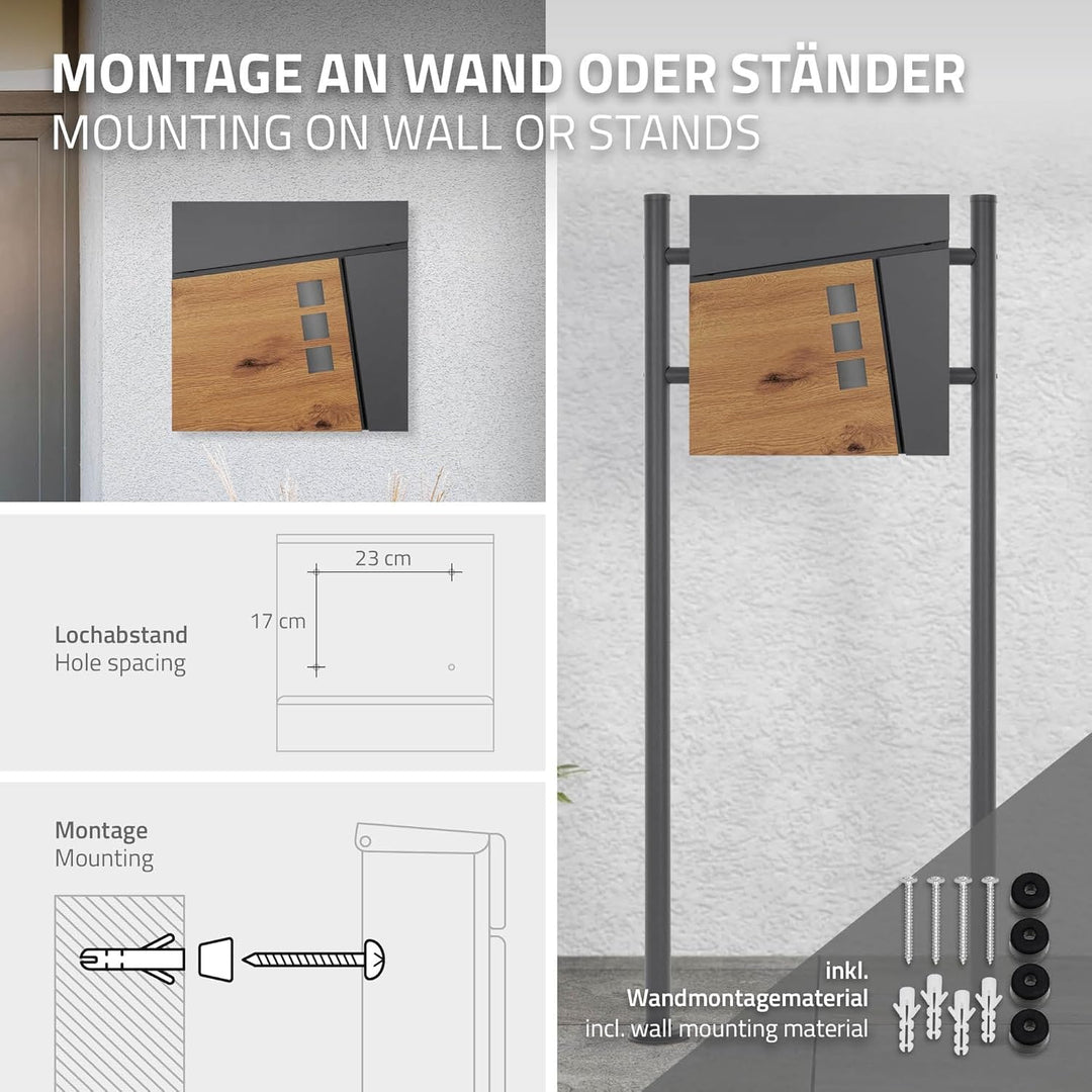 ML-Design Briefkasten 37x36,5x11 cm Anthrazit/Holzoptik aus Stahl, Postkasten mit Zeitungsfach, Absc