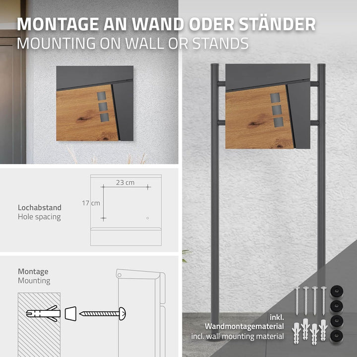 ML-Design Briefkasten 37x36,5x11 cm Anthrazit/Holzoptik aus Stahl, Postkasten mit Zeitungsfach, Absc