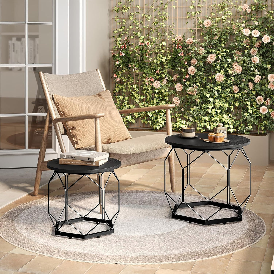 WOLTU 2er Set Couchtisch, Beistelltisch mit runder Tischplatte, Sofatisch mit hohlem Metallrahmen, W