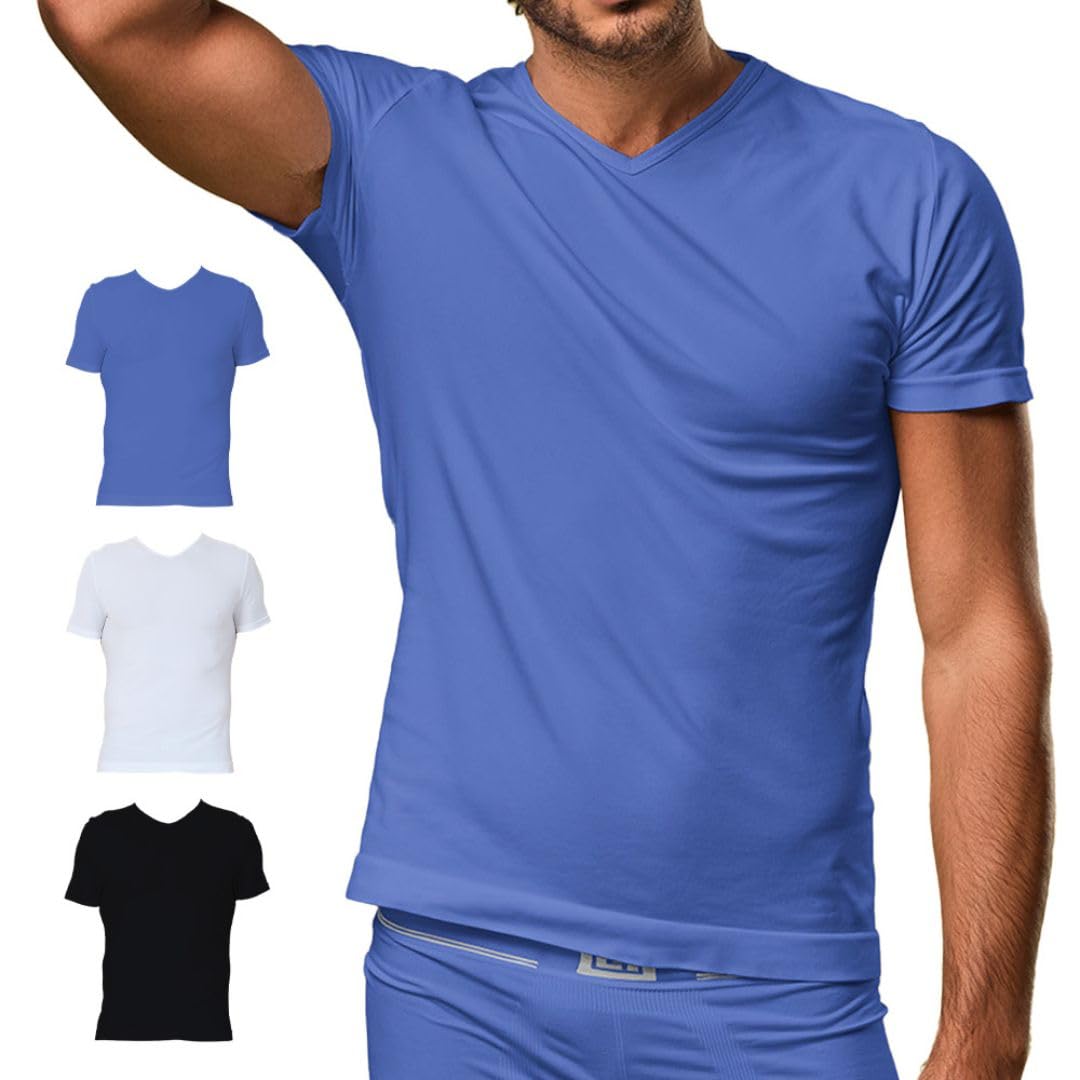 Herren T-Shirt mit V-Ausschnitt, Nahtlose Technologie, Made in Italy S-M Black – White – Alaska, S-M