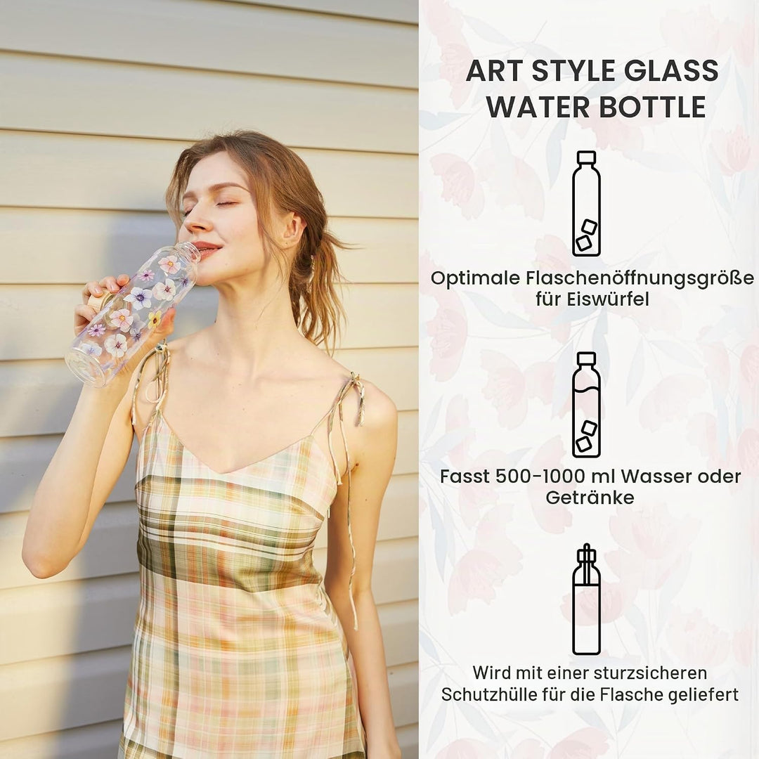 Autsel 500ml Glasflasche Trinkflasche Glas Sport Borosilikat Glass Bottle Wasser Flasche mit Neopren