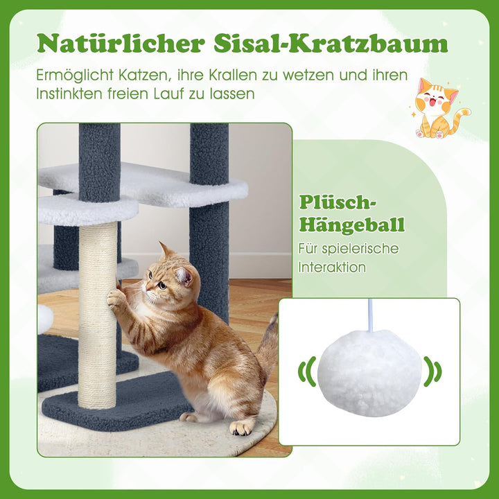 GYMAX 5 Stufen Katzentreppe, stabile Tiertreppe mit Sisal-Kratzstamm, Spielball & Plüschsitzfläche,