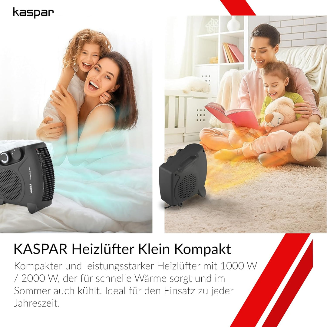 KASPAR Heizlüfter Klein Kompakt Thermoventilator Elektroheizer 1000 W 2000 W Mit Ventilatorfunktion