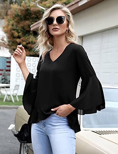Gyabnw Damen Chiffon Bluse Volantärmeln Tunika 3/4 Arm Elegant Chiffontunika Festlich Chiffon Bluse
