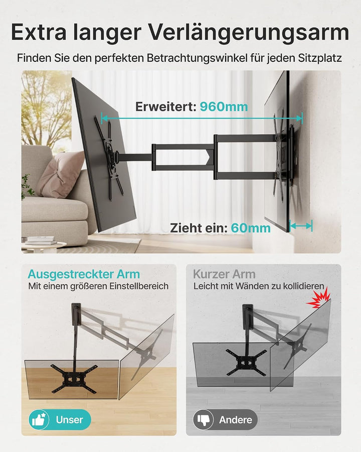 PEGZONE TV Wandhalterung Langarm 60-960mm 23-75" bis 50kg, VESA max.400x400 | Wandhalterung Fernsehe