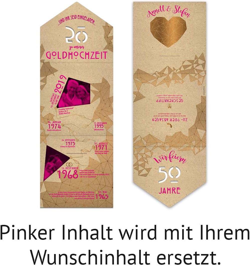 100 x Individuelle Lasergeschnittene goldene Hochzeit Einladungskarten als Klappkarte mit Steckverss