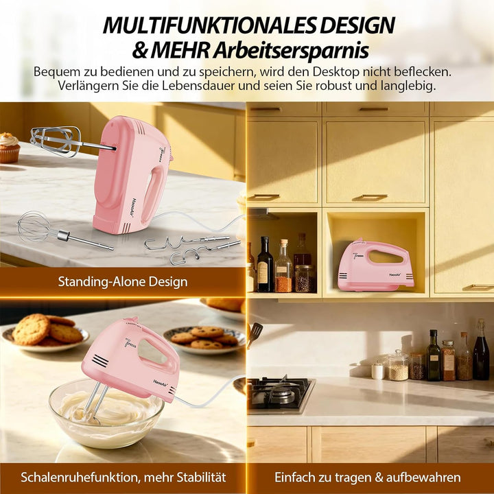 Handmixer, 7-stufig einstellbarer Küchenmixer, 304 Edelstahl-Zubehörteile (1X Schneebesen, 2X Knetha