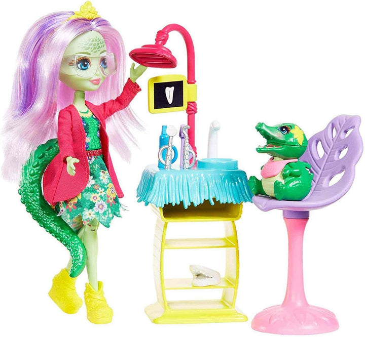 Enchantimals Zahnarztpraxis Spielset mit Andie Alligator-Puppe (15 cm), Tierfigur und über 10 Zubehö