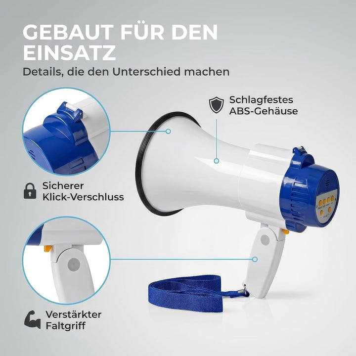 Megaphon - Maximale Reichweite: 1500 m - max. Lautstärke-Regler: 120 dB - Abnehmbares Mikrofon - Ein