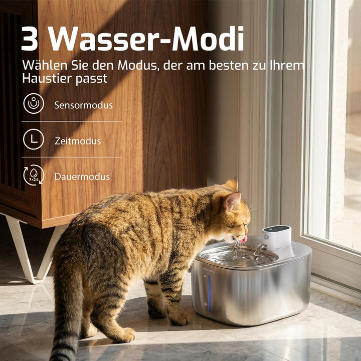 Katzenbrunnen Kabellos mit Bewegungsmelder, 4L Trinkbrunnen für Katze & Edelstahl Hunde mit Batterie