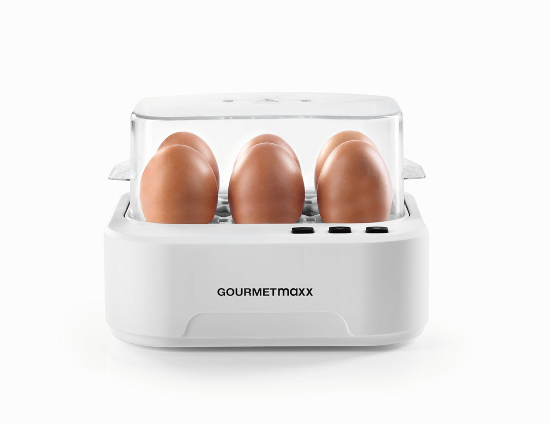 GOURMETmaxx Sprechender Eierkocher für 6 Eier | Design Egg Cooker mit Eierstecher, Messbecher & Spra