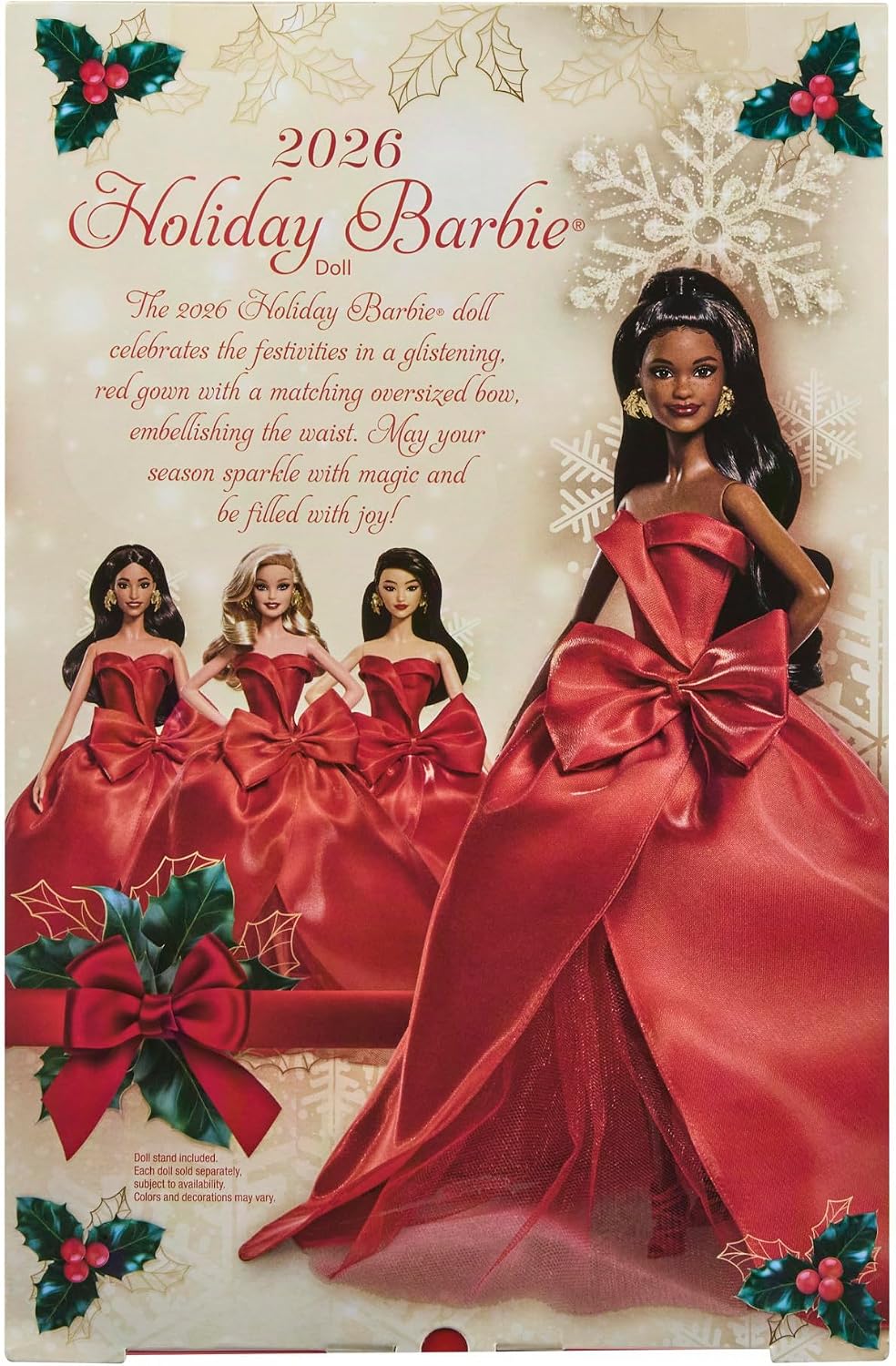 Barbie Signature-Puppe, Holiday 2026, schwarzhaarige Modepuppe | mit Schleifenkleid in Rot, saisonal