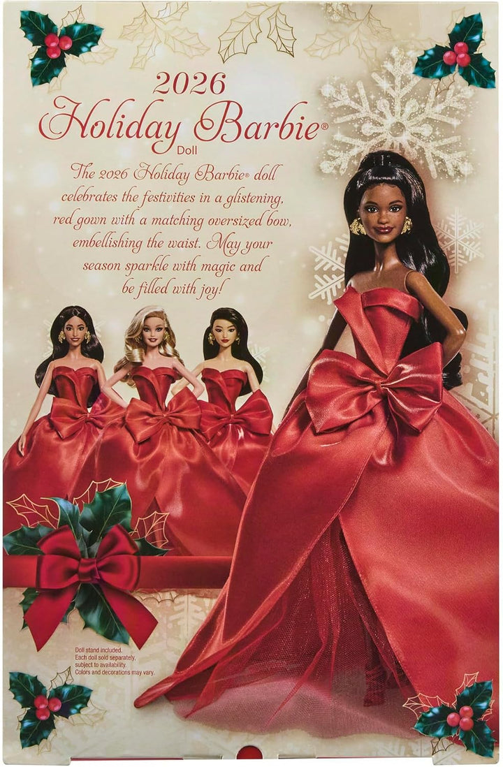Barbie Signature-Puppe, Holiday 2026, schwarzhaarige Modepuppe | mit Schleifenkleid in Rot, saisonal