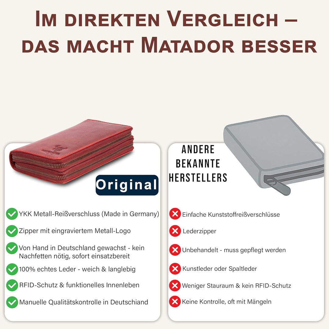 MATADOR Lange Damenbörse Geldbörse Portemonnaie Rinds Leder Scheintasche Geldtasche mit Doppelter Re