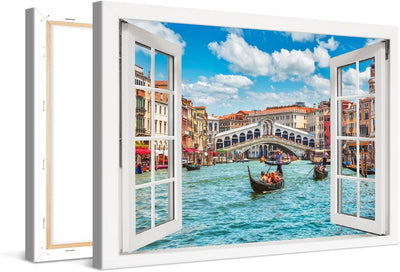 PICANOVA – Leinwandbild 60x40cm Rialtobrücke Venedig Fenster – Leinwanddruck – Wandbild Kunstdruck A