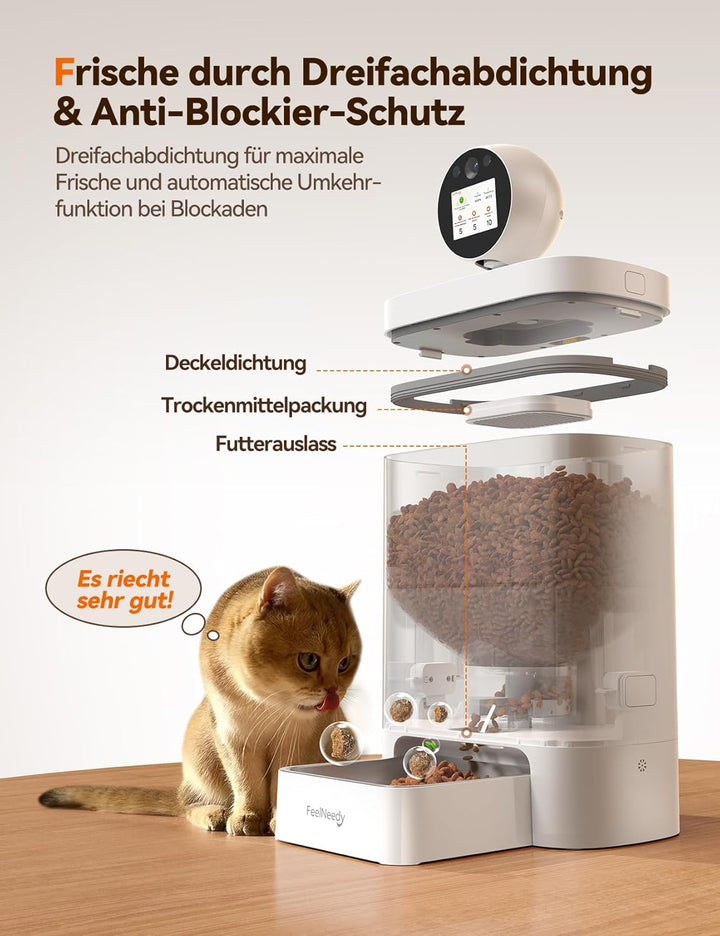 FEELNEEDY 5.5L Futterautomat Katze mit 3MP HD-360° Kamera, 2,4G/5G WiFi KI Katzenfutter Automat mit