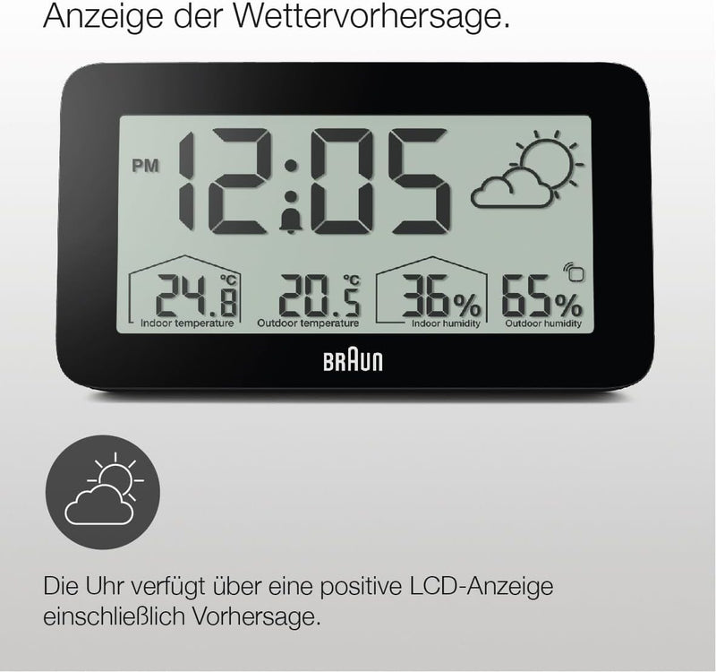 Digitale Braun-Wetterstationsuhr mit Anzeige von Innen- und Aussentemperatur sowie Luftfeuchtigkeit,