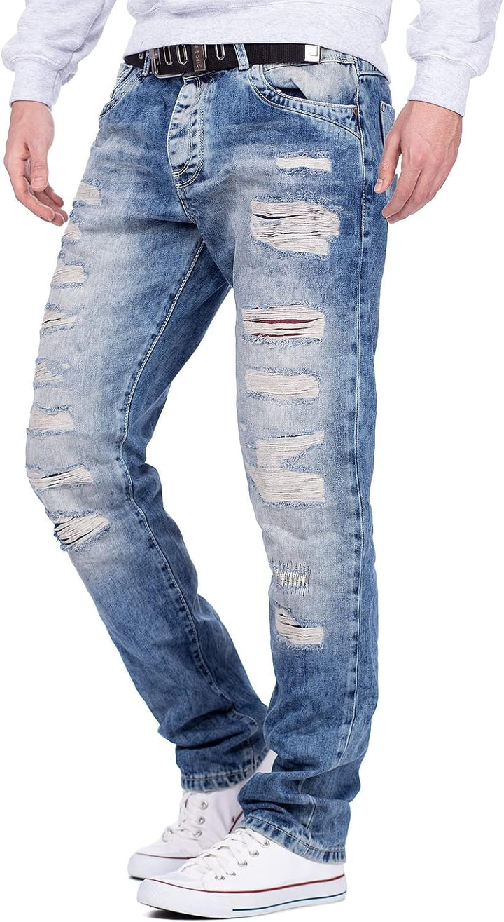 Cipo & Baxx Herren Jeans – Regular Fit Denim Hose für Männer, Destroyed und Used Look, Bikerstyle, C