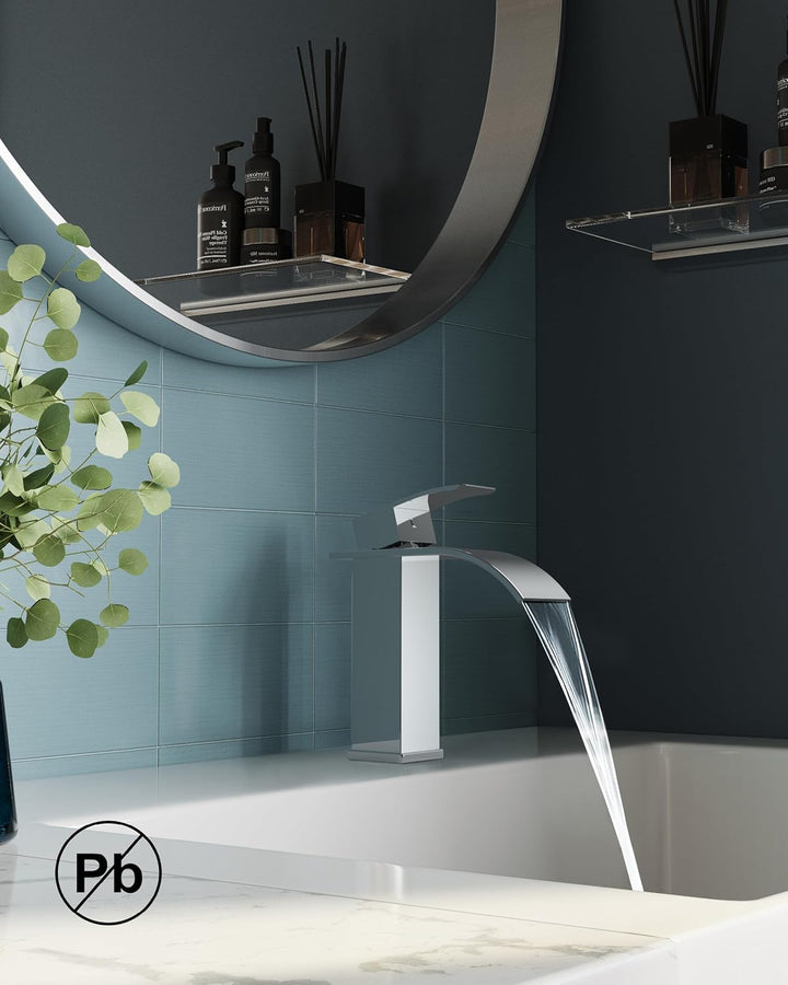 FORIOUS Wasserhahn Bad,Wasserfall Waschtischarmatur Einhandmischer Armatur Waschbecken mit Auslauf H
