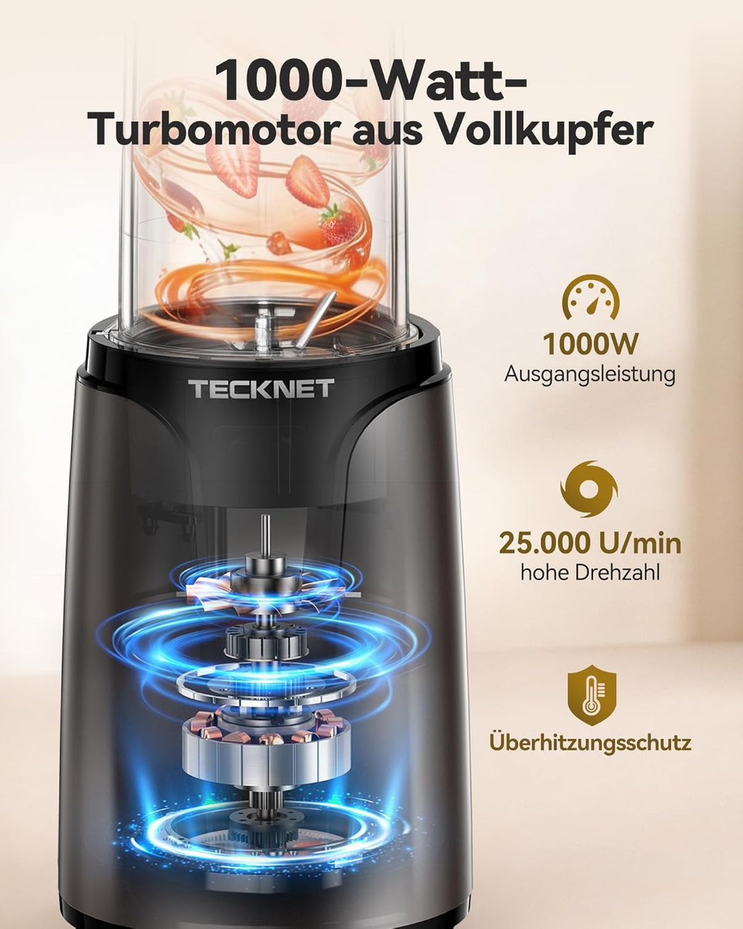 TECKNET 1000W Smoothie Maker, Standmixer mit 2 BPA-freie 600ml Tragbare Becher, Klein mit Kreuzkling