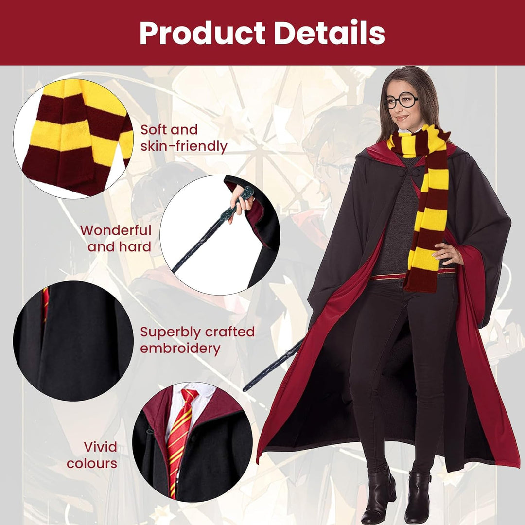 Magic Robe, Umhang,4PCS Zauberer Cosplay Kostüm für Erwachsene,with Cape,Magic Wand,Glasses,Scarf,Ti