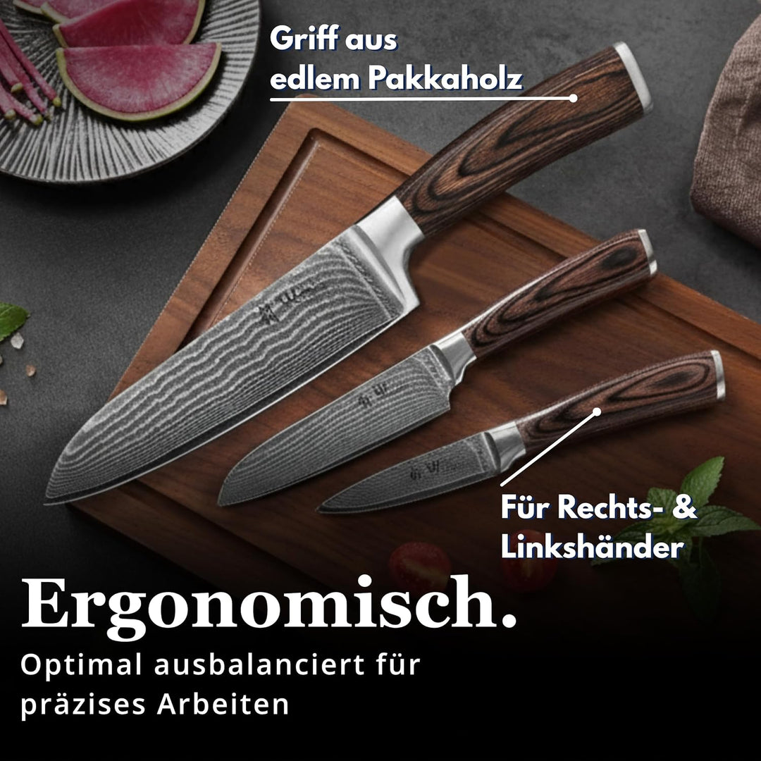 Wakoli Edib 3er Damastmesser-Set mit Klingenlängen von 8,50cm bis 17,00cm extrem scharf aus 67 Lagen