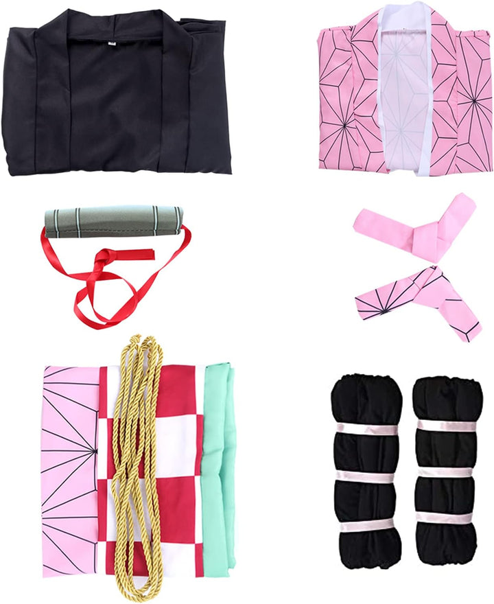 Formemory Nezuko Cosplay Kostüm Anzug Herren 8PCS Nezuko Kimetsu no Yaiba Kimono Halloween Anime kos