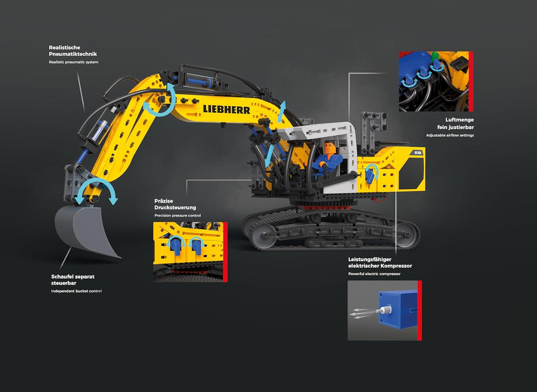fischertechnik 576450 Liebherr R938 Pneumatischer Bagger – Baukasten für Kinder ab 10 Jahren, Modell