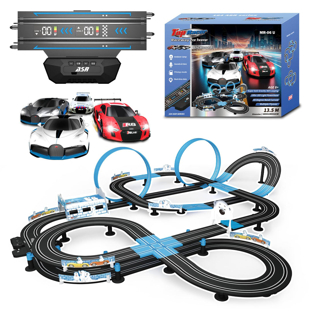 Slot Car Racing Set mit LED-Rundenanzeige, Hochgeschwindigkeit, Tankstopp, Sprachfeedback, 4 lizenzi