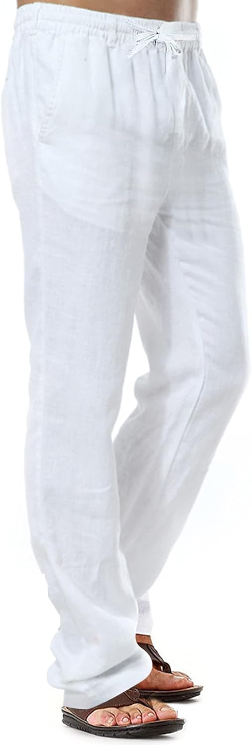 Herren-Leinenhose, lässige Baumwollhose, Sommerhose, Strandhose, leichte Hose mit Kordelzug M Weiss,