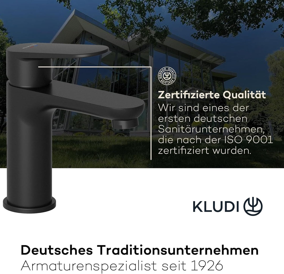 KLUDI-X1 Waschtischarmatur, Auslaufhöhe 95 mm, wassersparender Wasserhahn Bad Schwarz Matt Grösse M,