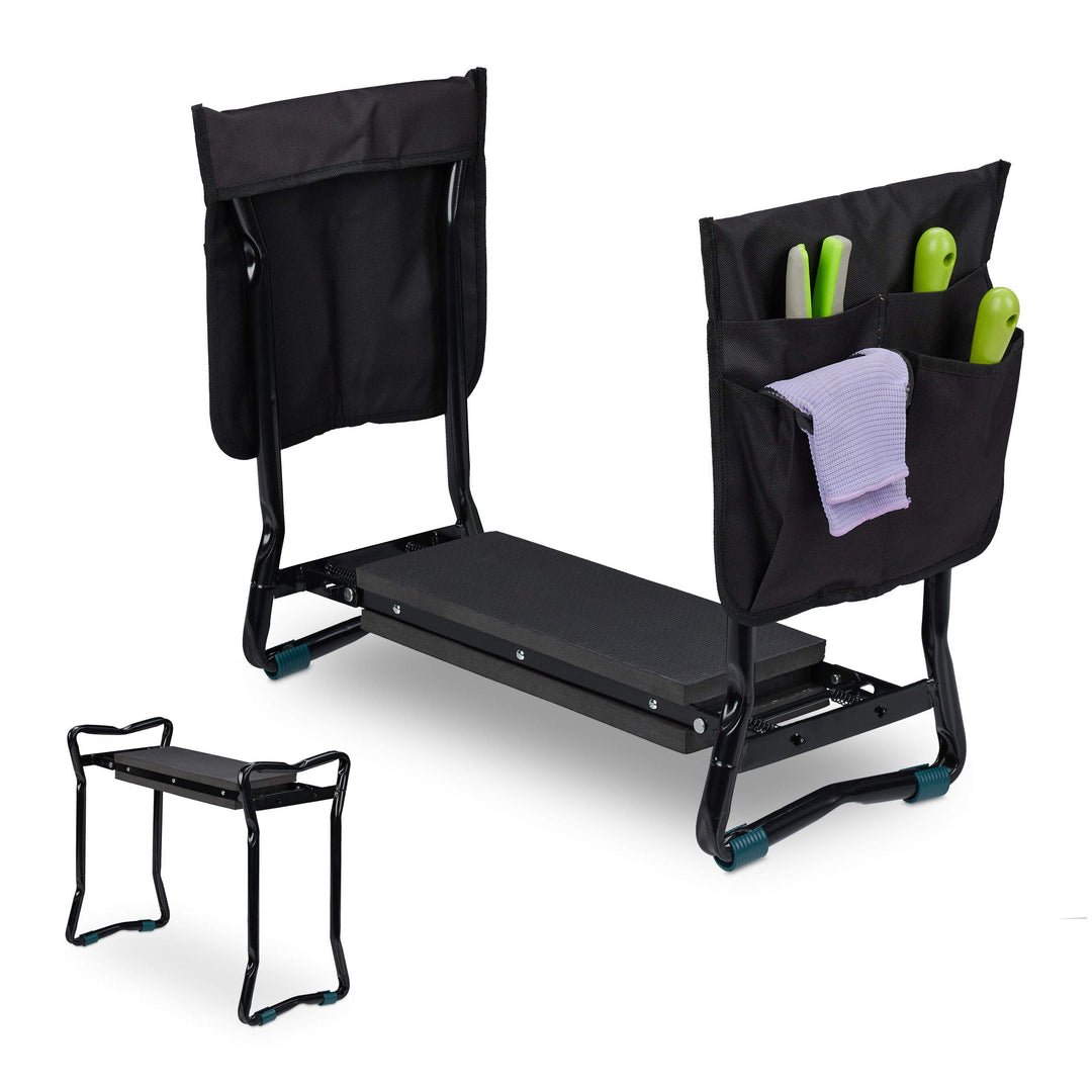 Relaxdays Kniebank für Gartenarbeit, klappbar, bis 150kg, inkl. 2 Taschen, gepolsterte Kniehilfe, 50