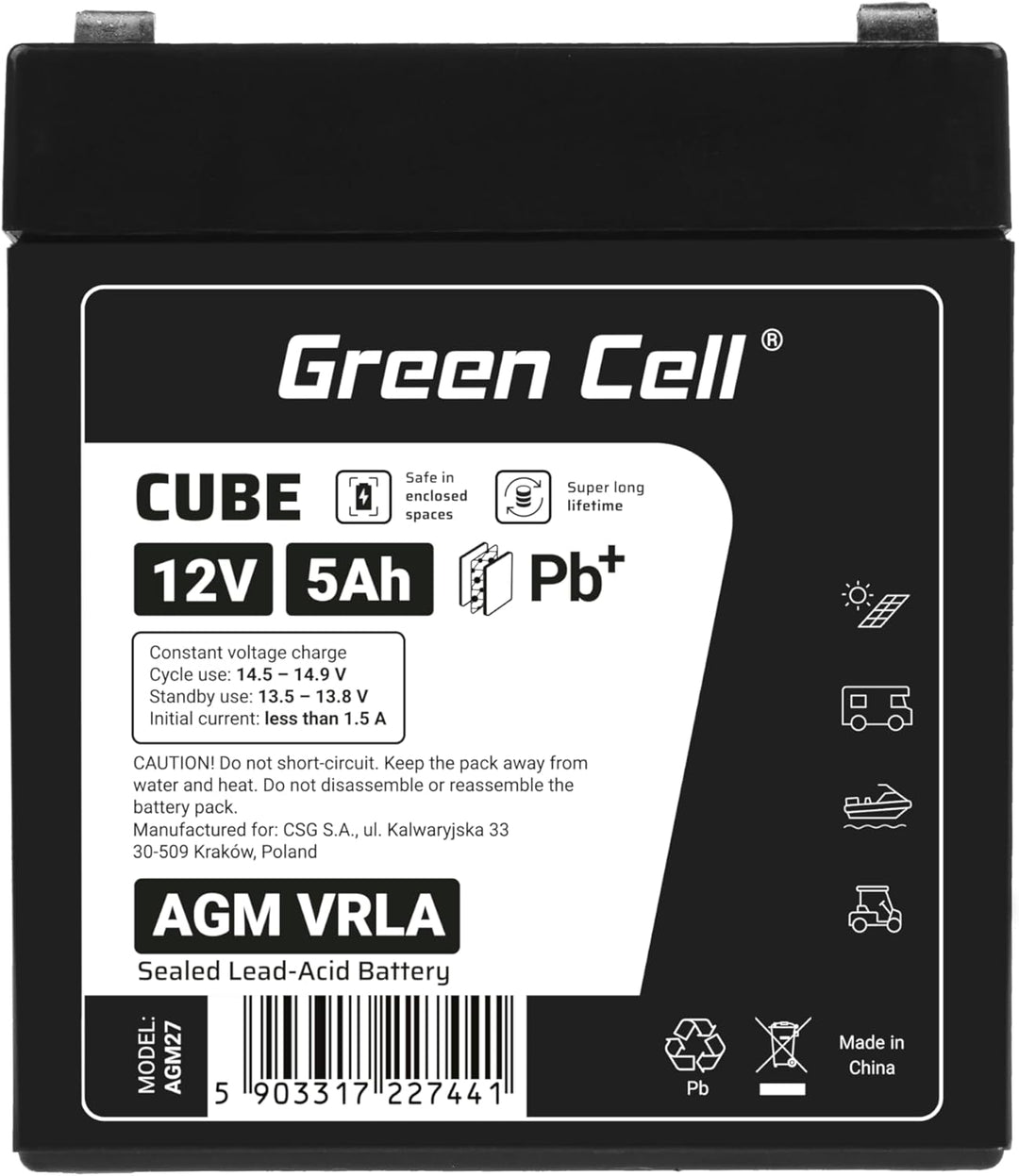 Green Cell® AGM 12V 5Ah Akku Vlies Batterie VRLA Blei Batterie Bleiakku Ersatzakku Akkubatterie Vers