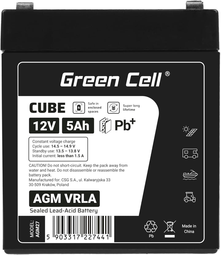 Green Cell® AGM 12V 5Ah Akku Vlies Batterie VRLA Blei Batterie Bleiakku Ersatzakku Akkubatterie Vers