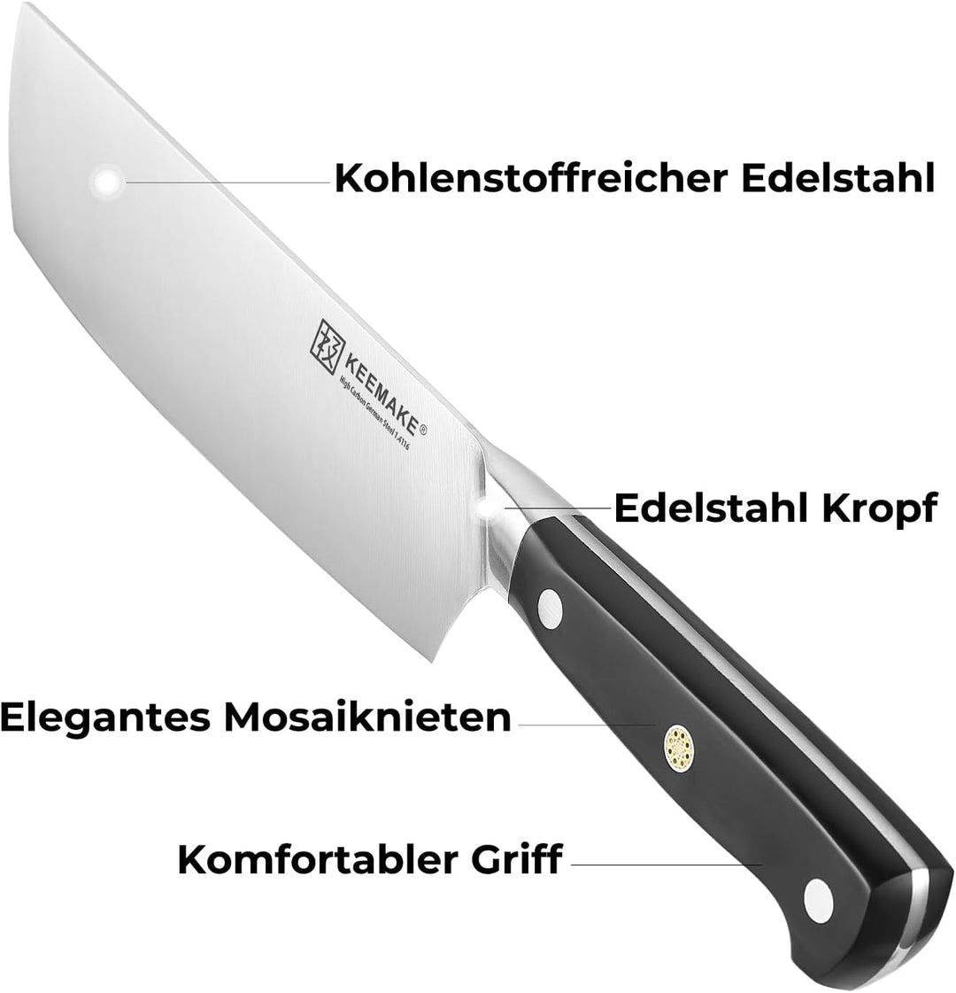 KEEMAKE Küchenmesser Hackmesser 20cm, Nakiri Kochmesser aus hochwertigem Carbon Edelstahl, Scharfe M